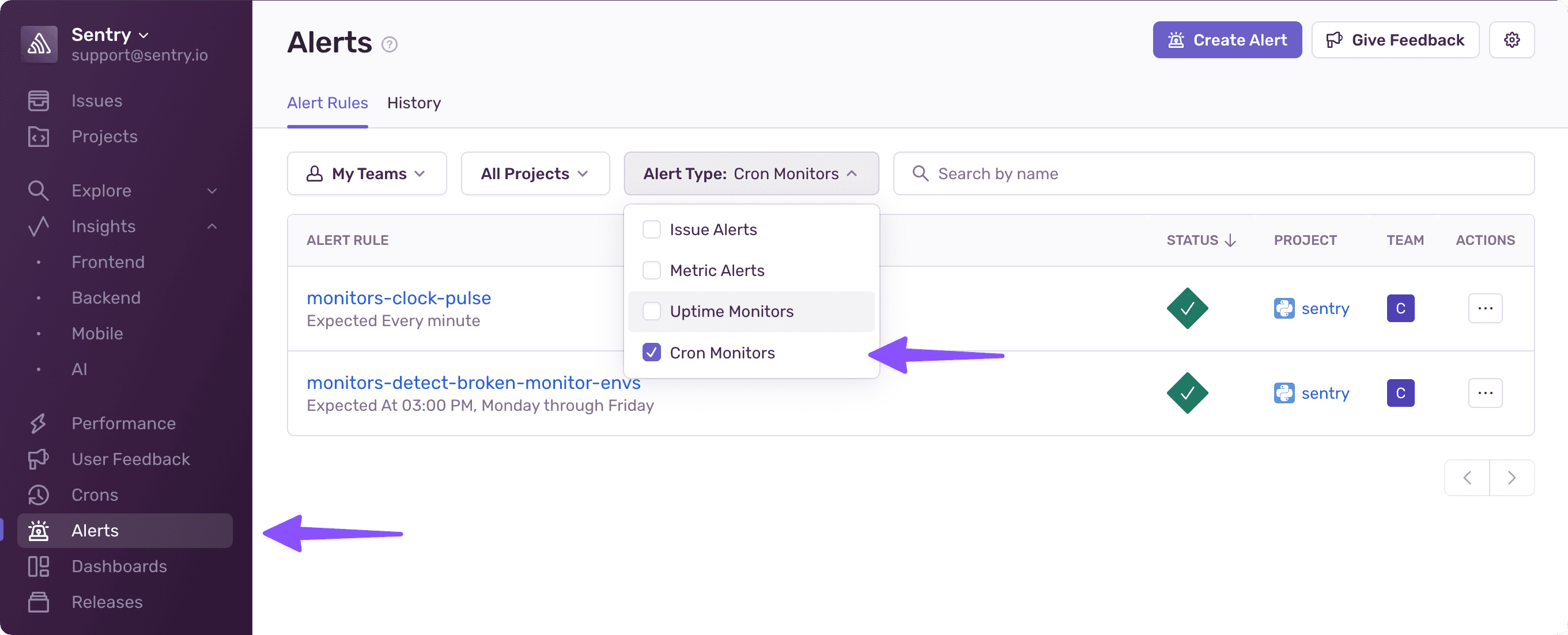 Screenshot showing Alerts menu and filter