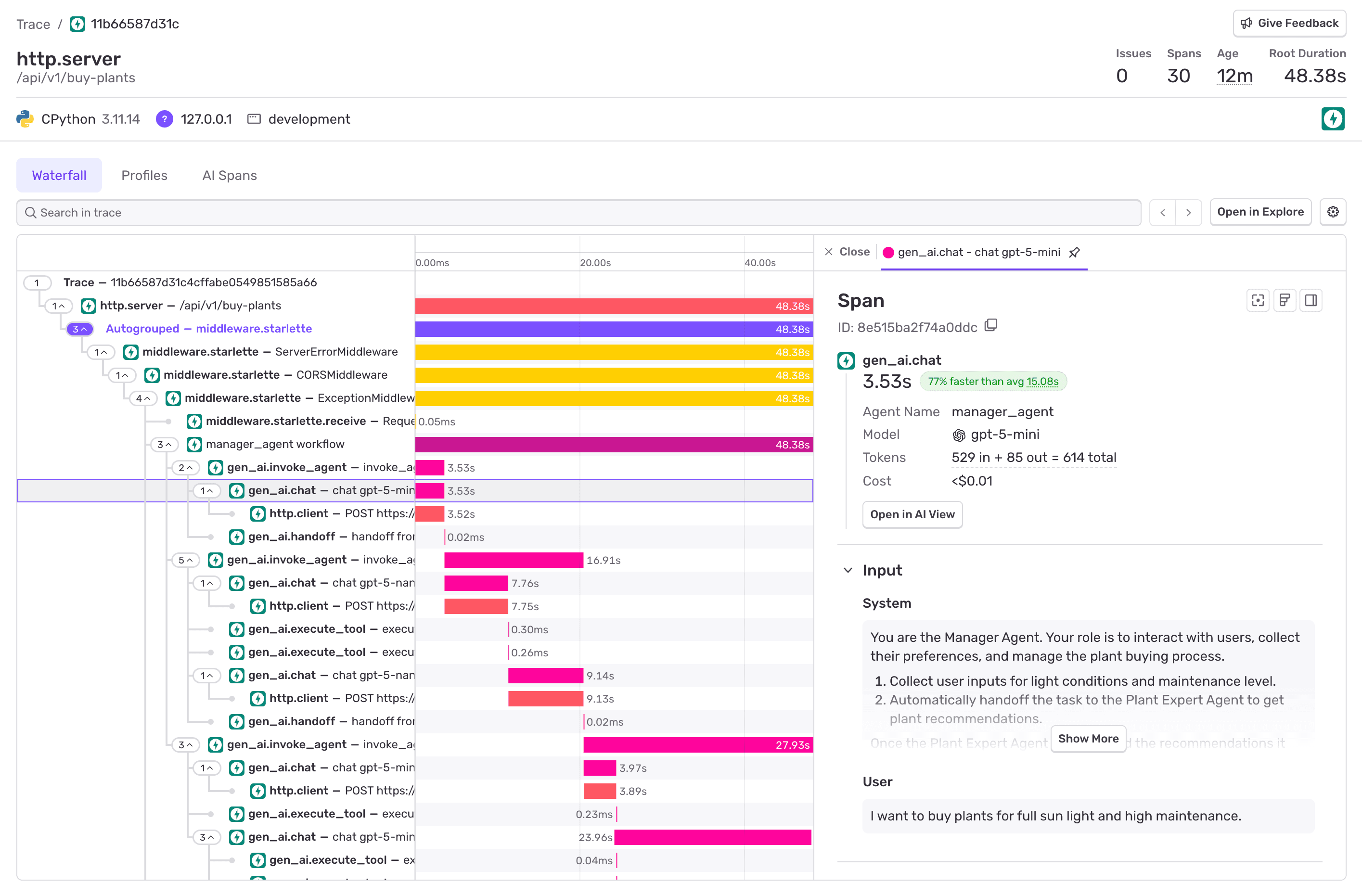 AI Agent Detailed Trace View