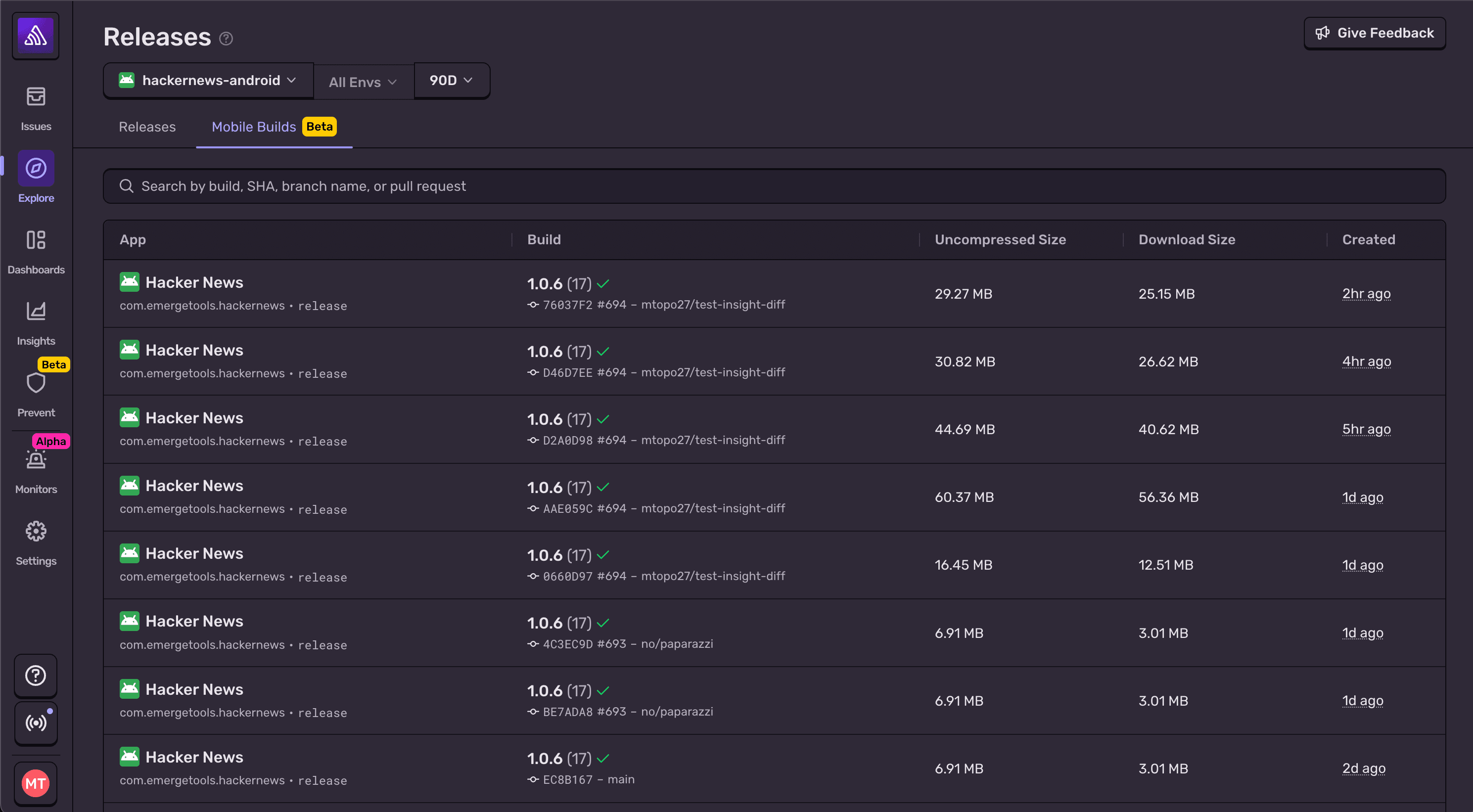 Mobile Builds tab screenshot