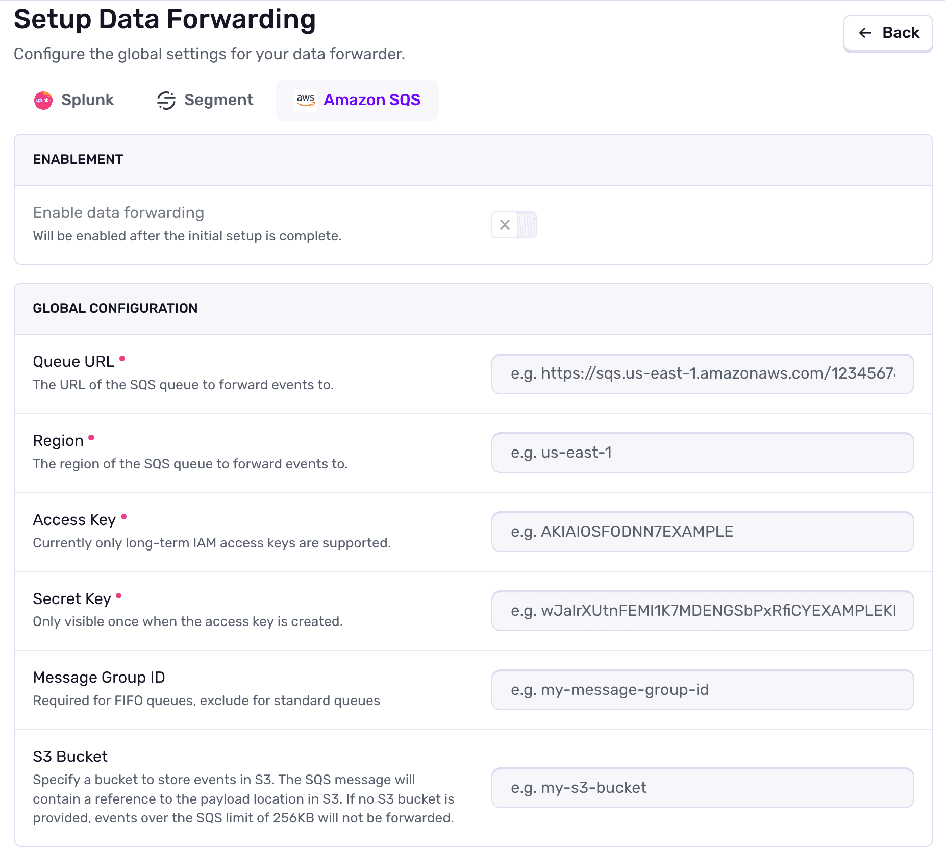 Amazon SQS data forwarder configuration form