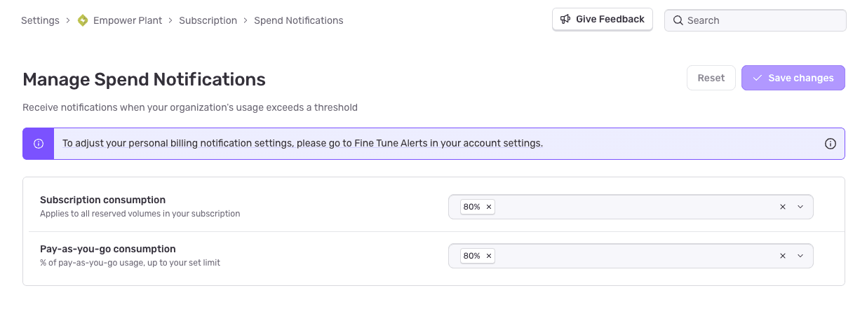 Manage Spend Notifications page