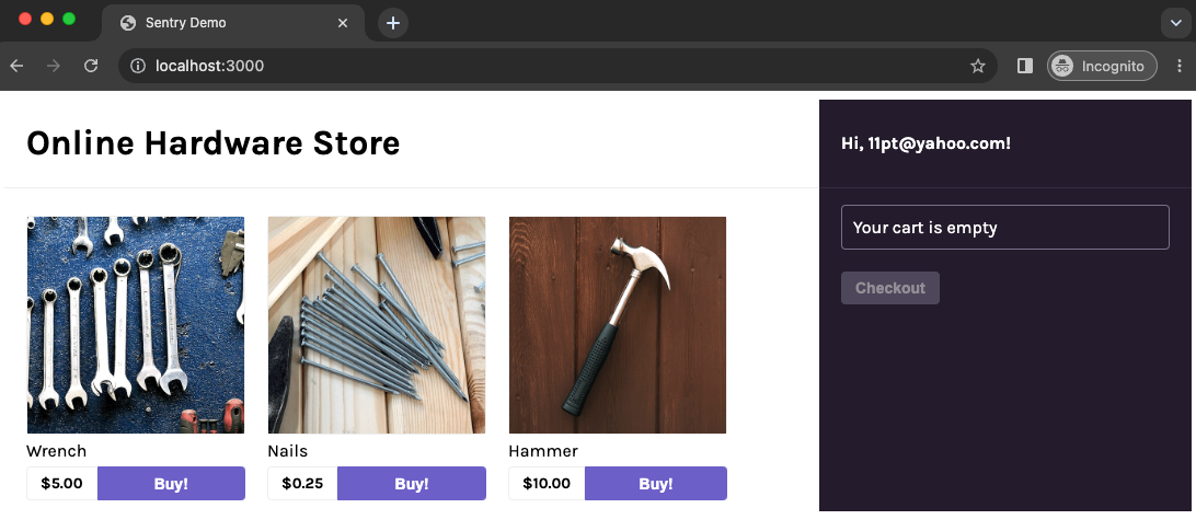 Sample app UX showing an online hardware store