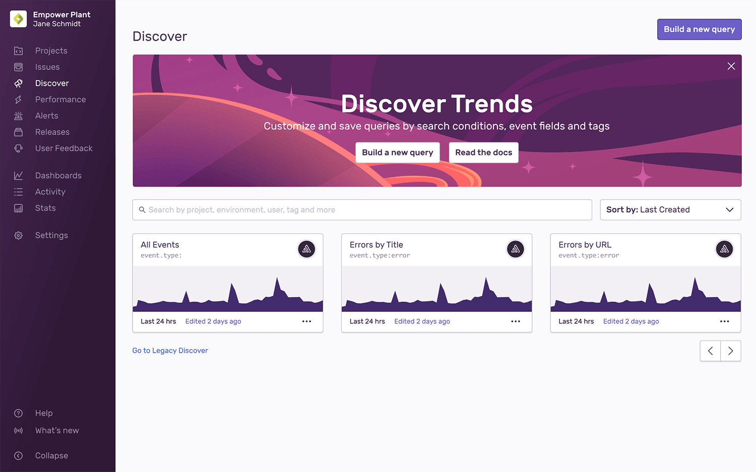 Full view of the Discover Homepage with query cards and button to build new queries.