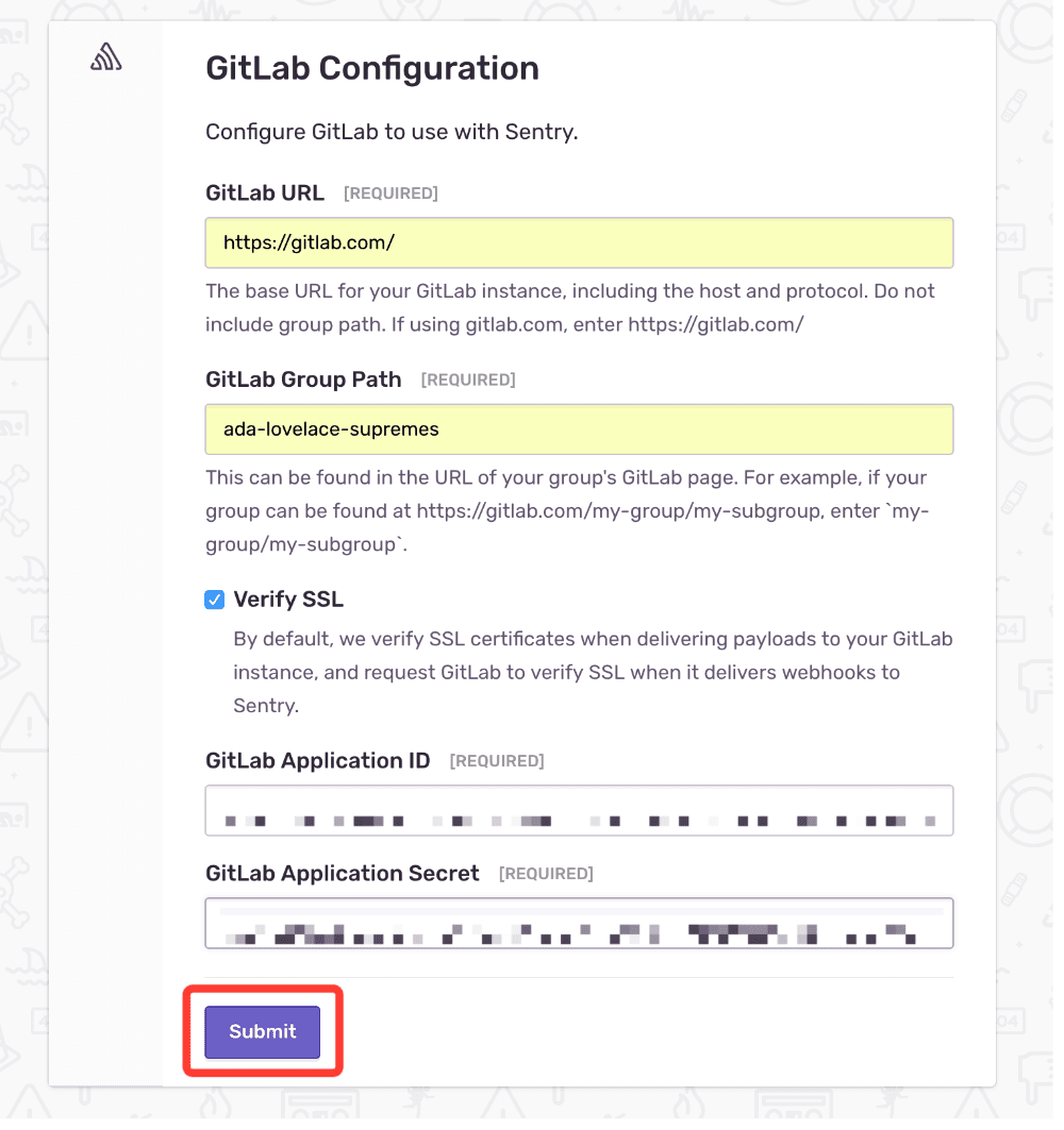 GitLab configuration form