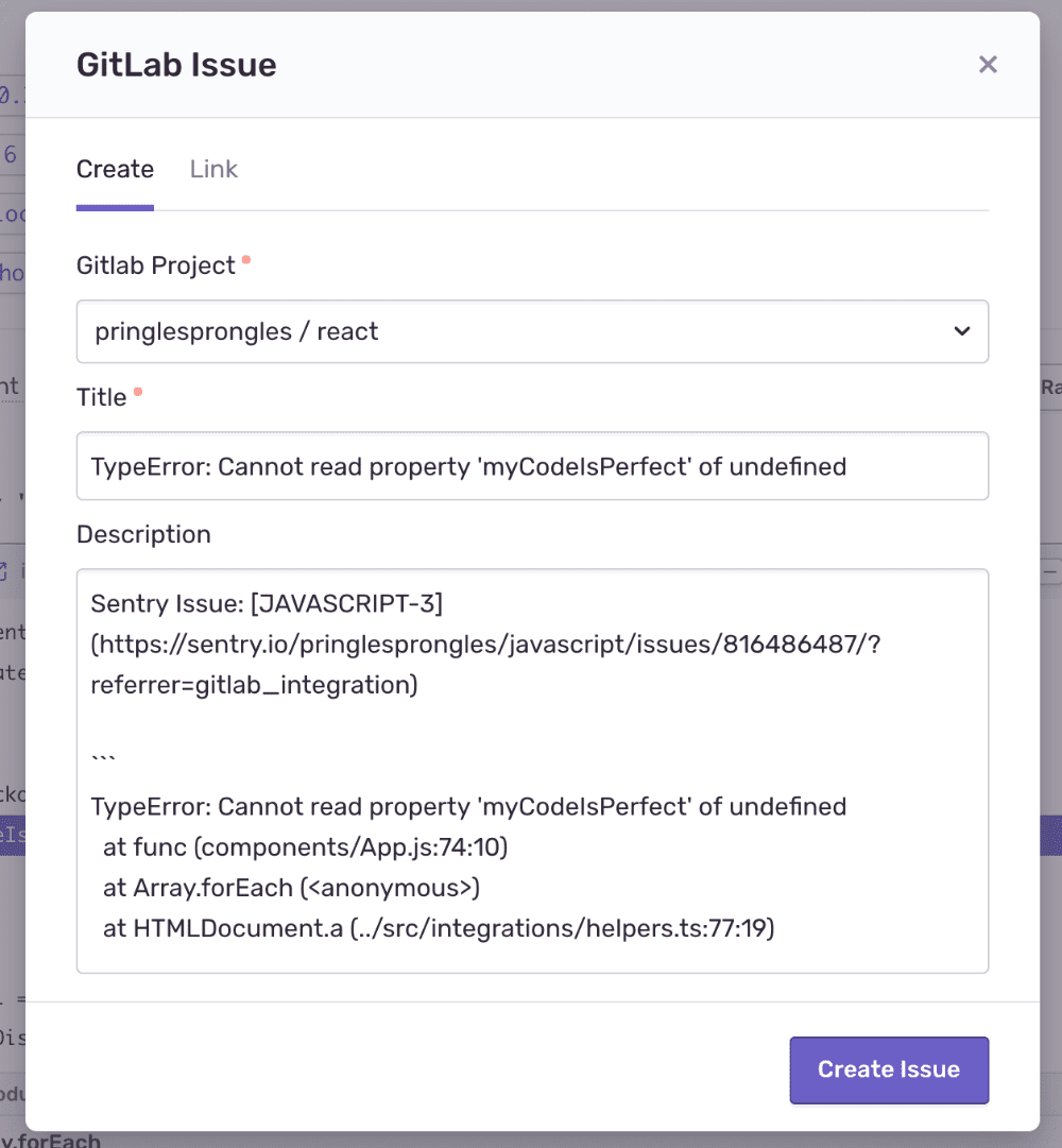 pop-up modal to create issue