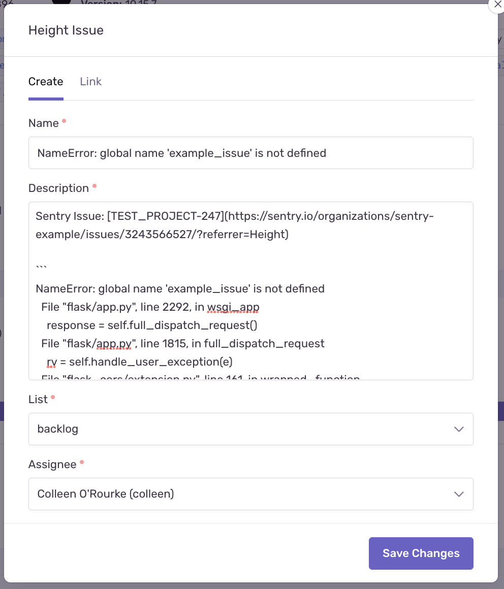 Create Height issue form