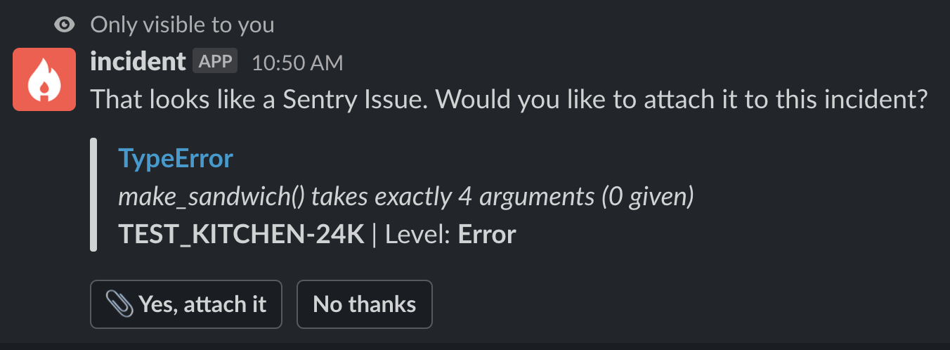 Prompt to attach Sentry issue to incident in Slack