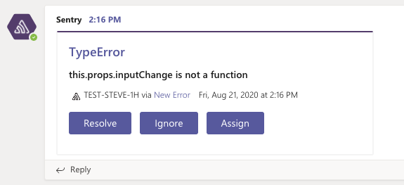 Sentry issue status buttons in Microsoft Teams alert
