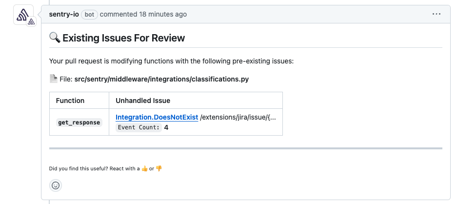 Sentry comment on open pull request in GitHub