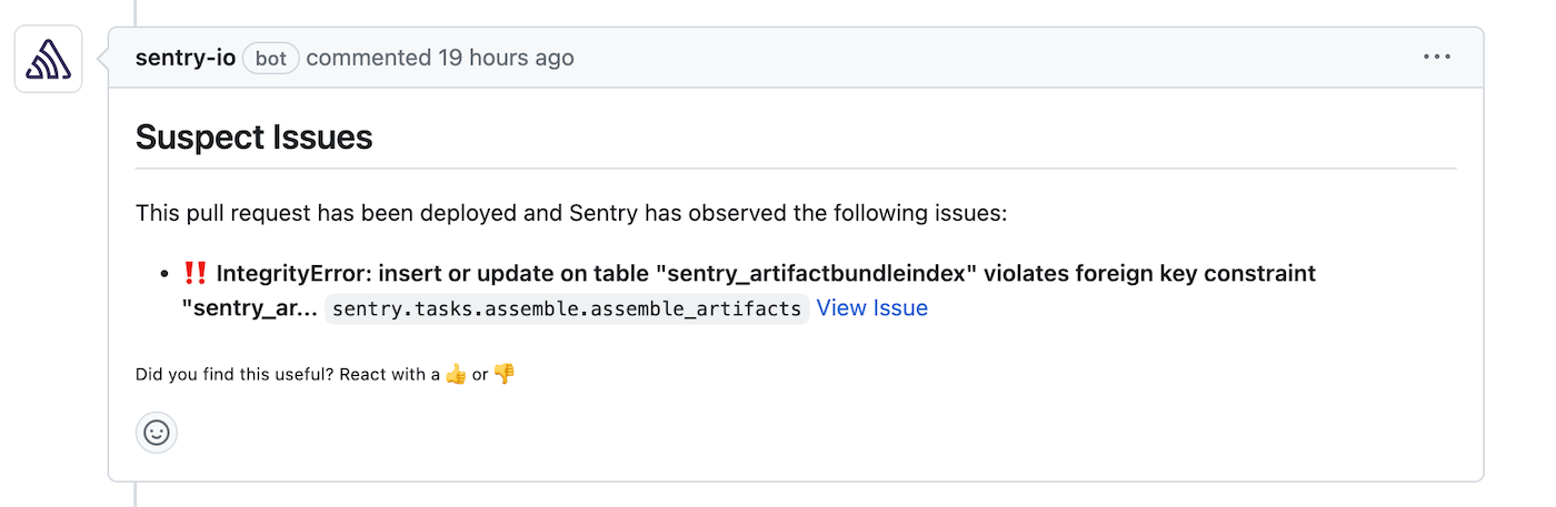 Sentry comment on suspect pull request in GitHub