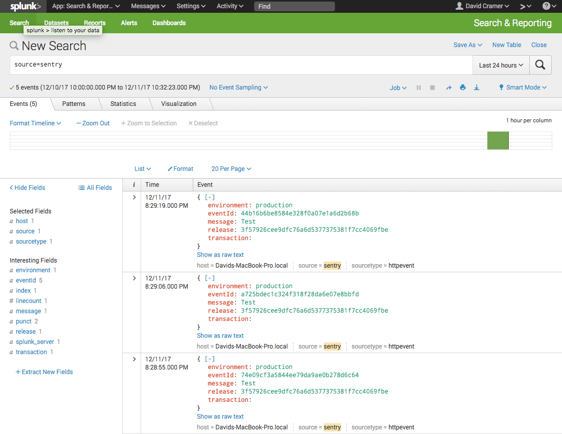 Splunk page showing Sentry data