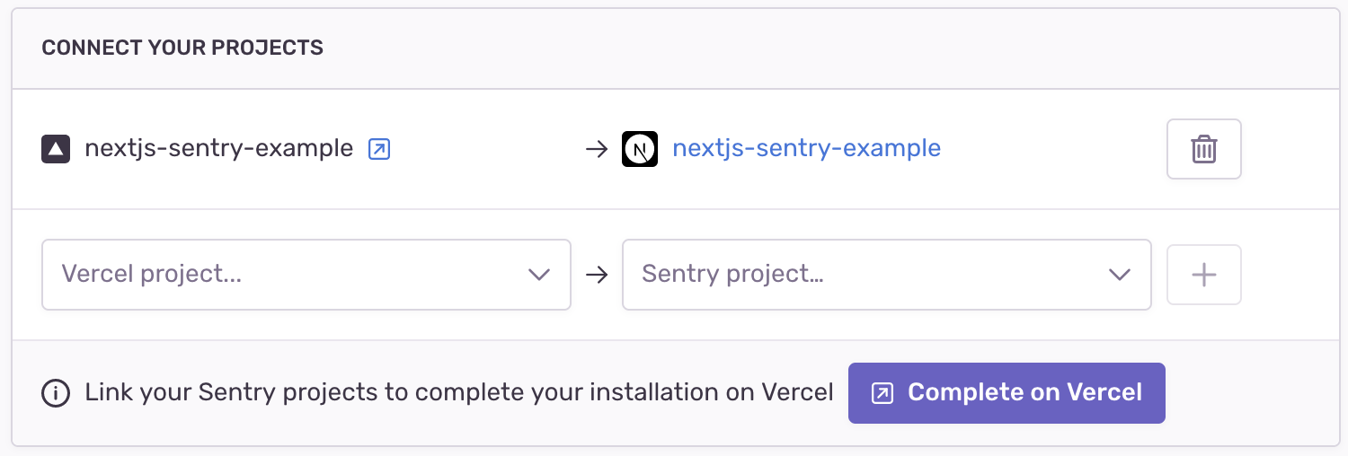 Sentry modal showing linking Sentry project to Vercel project