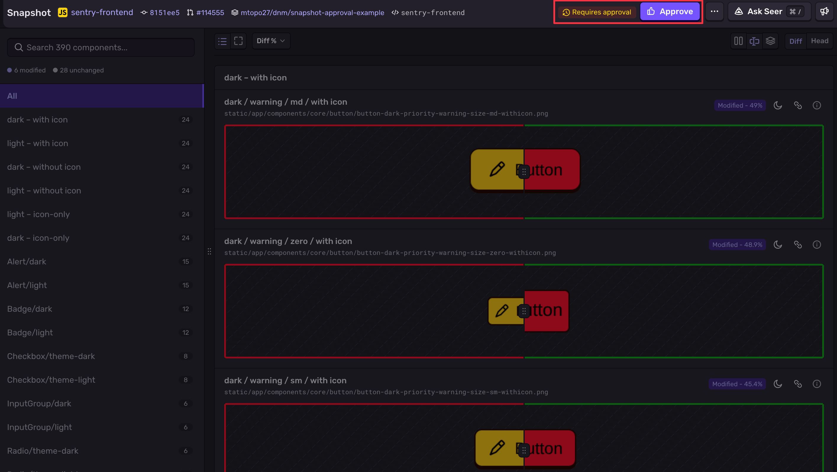 Example of the Sentry UI approval button