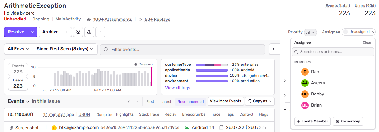 The Assignee dropdown on an Issue Details page with the Ownership button at the bottom.
