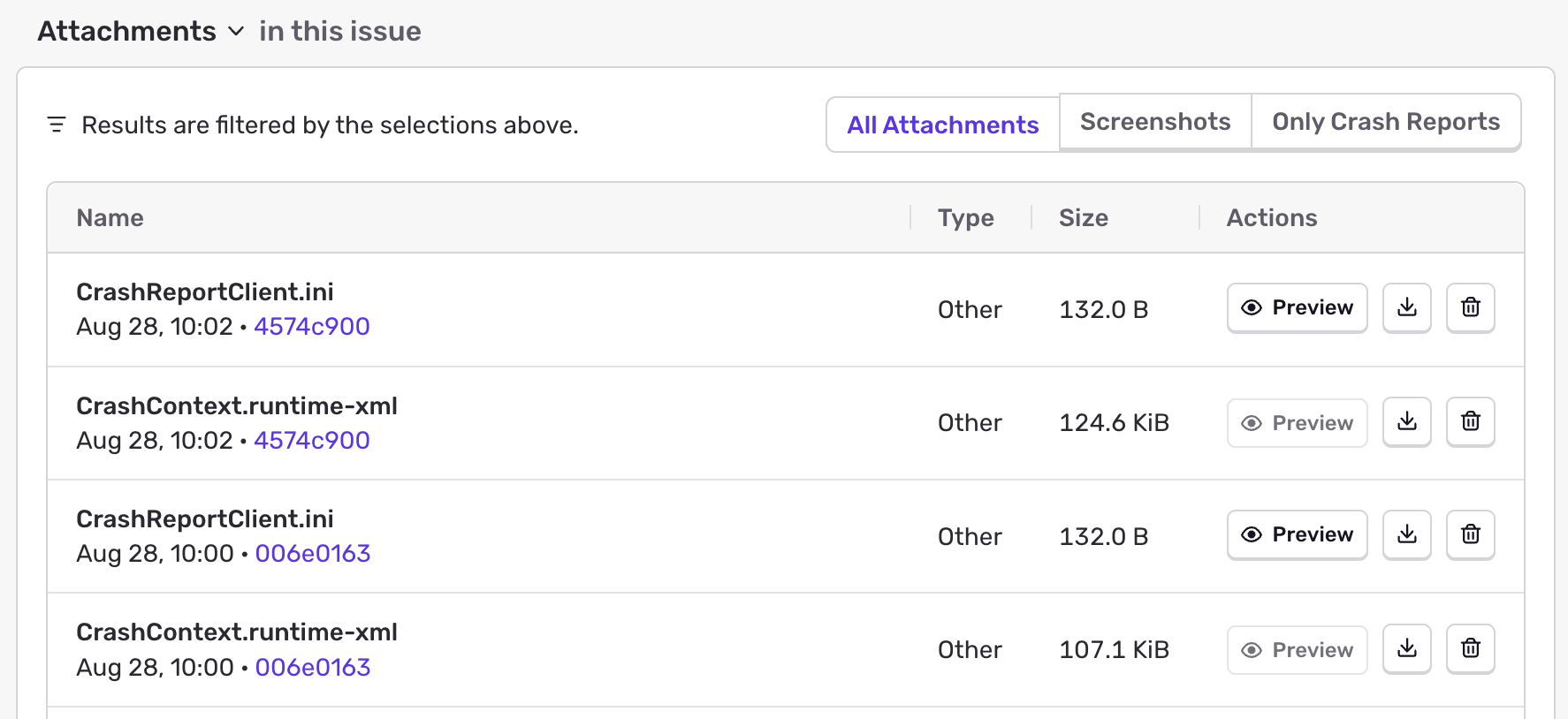 Attachments list