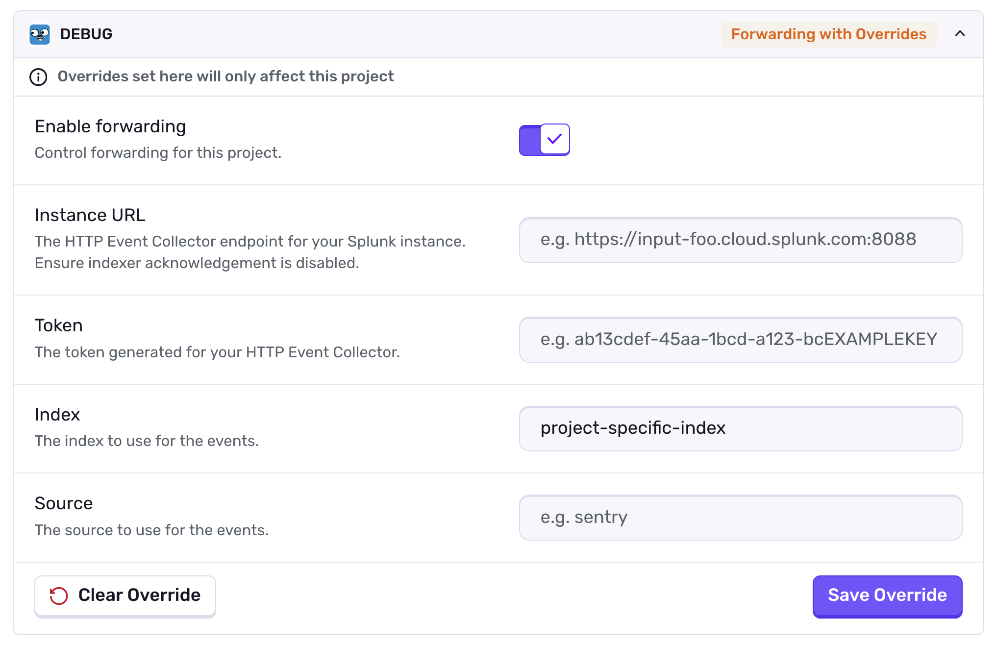 Data forwarding project override form