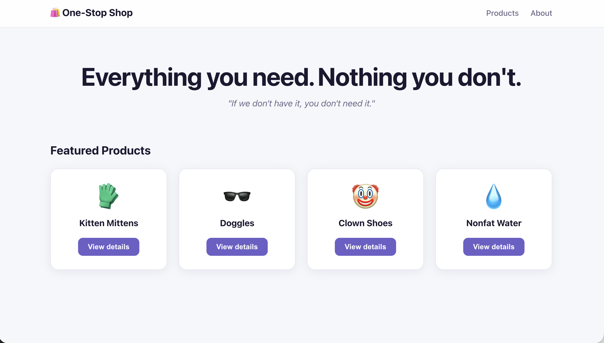 The One-Stop Shop sample app running in the browser, showing the product cards.