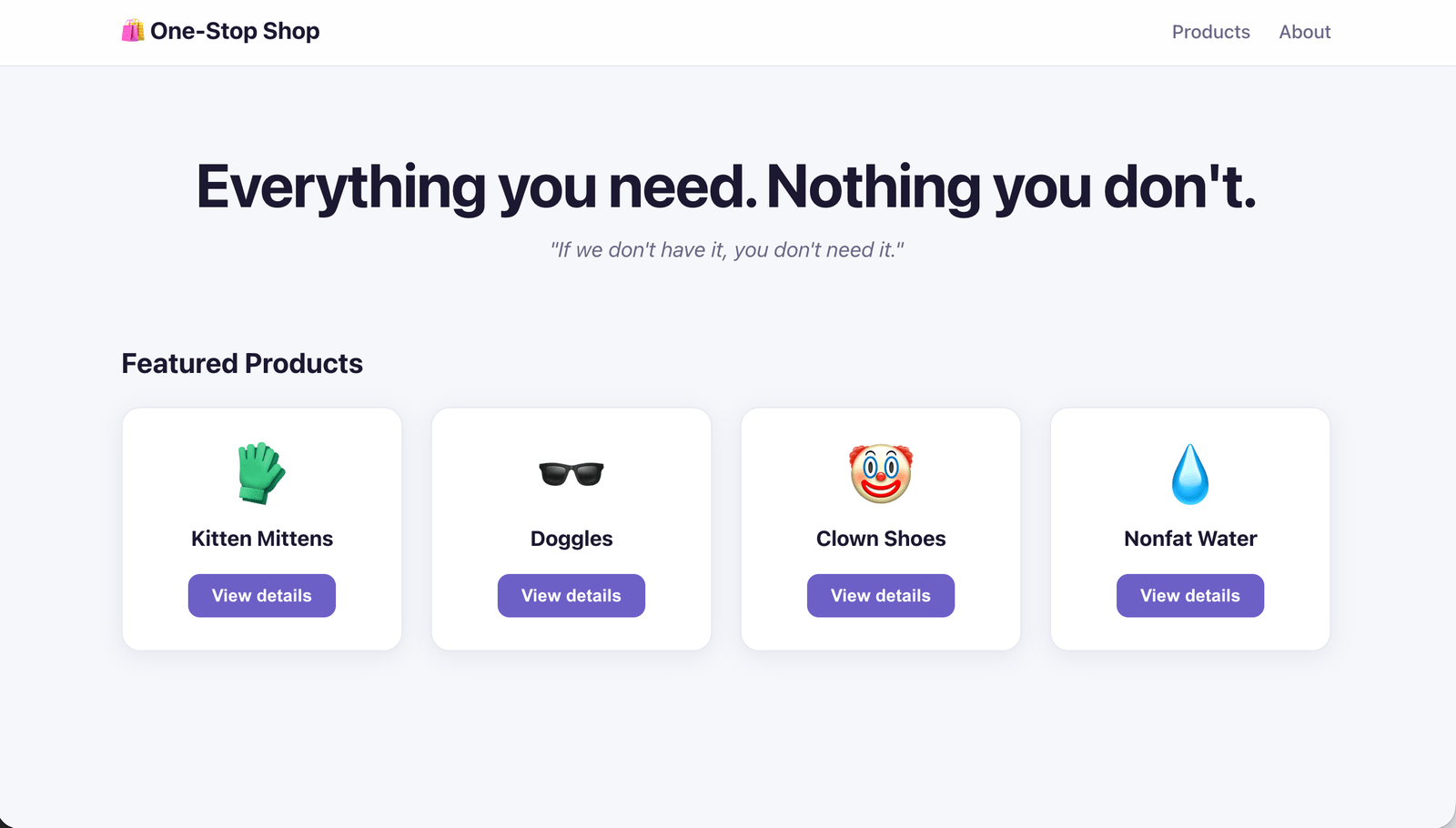 The One-Stop Shop sample app running in the browser, showing the product cards.