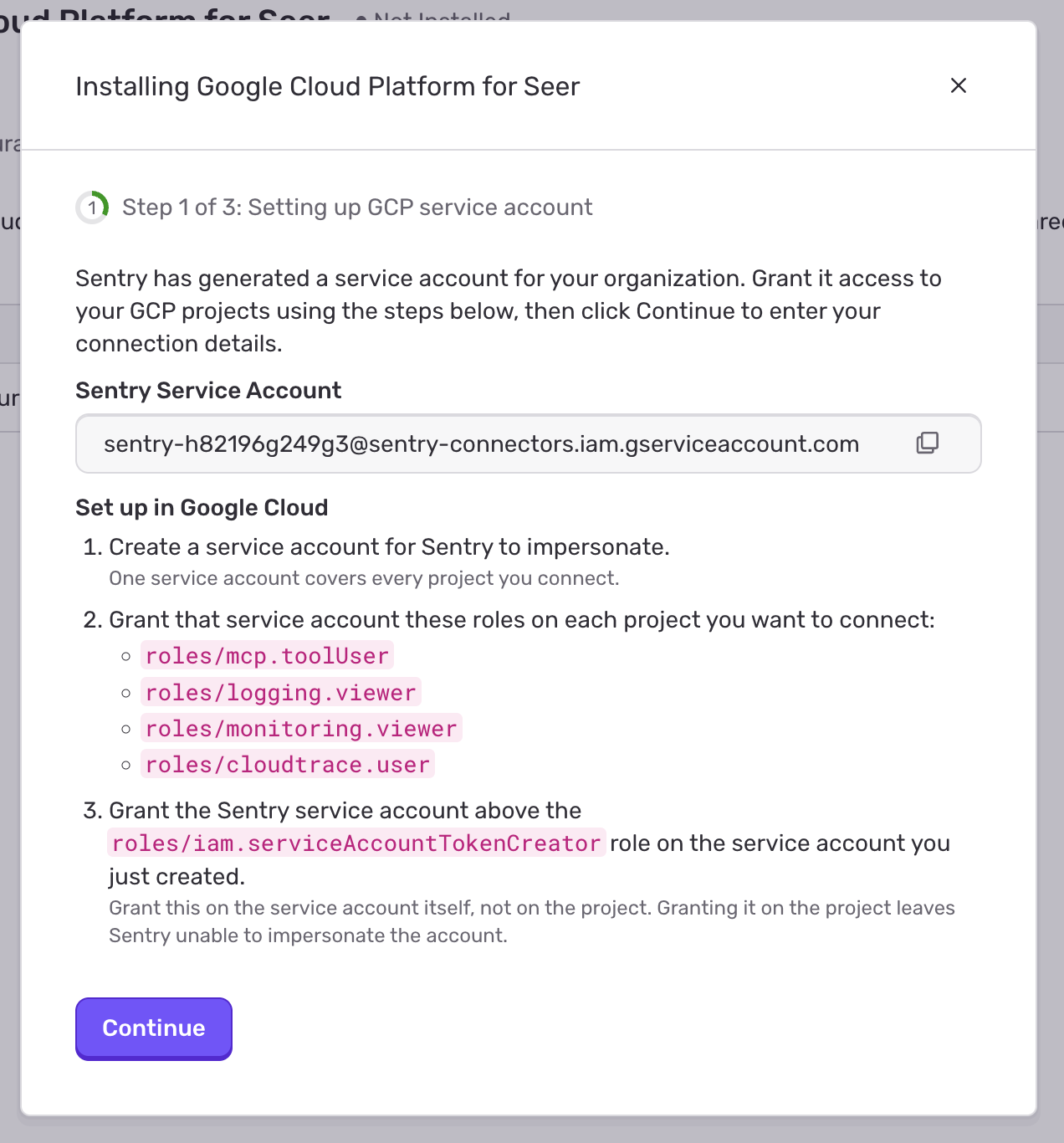 Google Cloud Platform for Seer setup modal