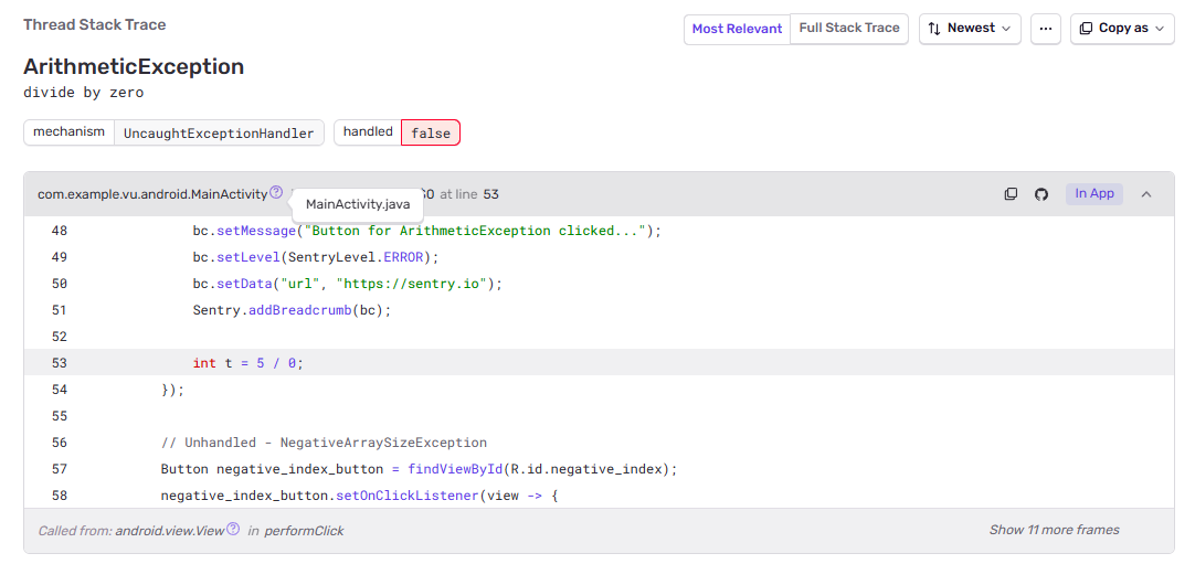 A screenshot showing where in the stack trace you can find the Java module and absolute path