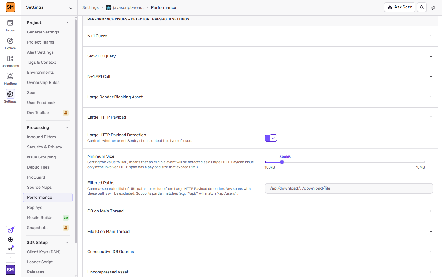 Large HTTP Payload detector threshold settings