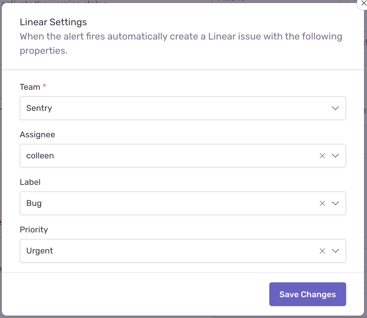 Create Linear issue as alert action