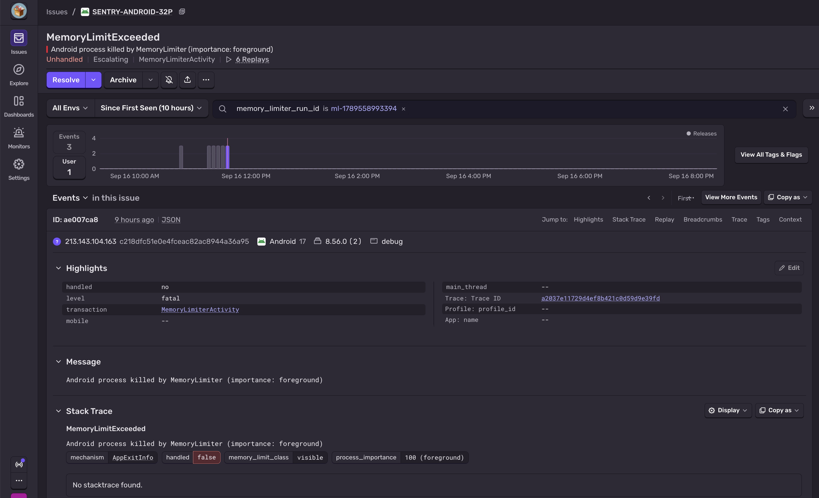 Memory Limiter Event in Sentry
