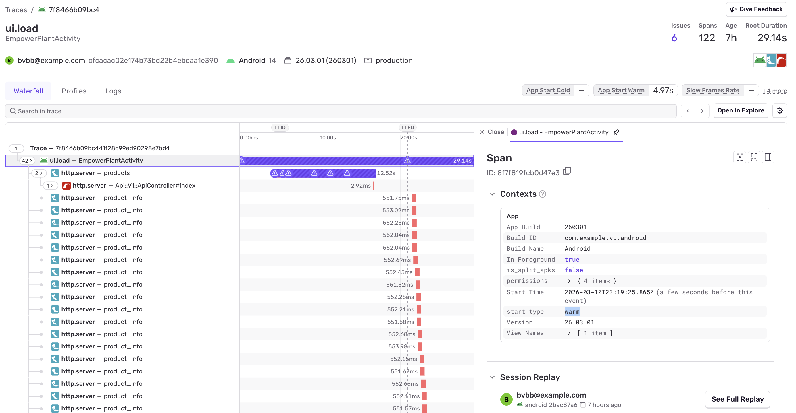 The event detail of a trace with a warm start measurement.
