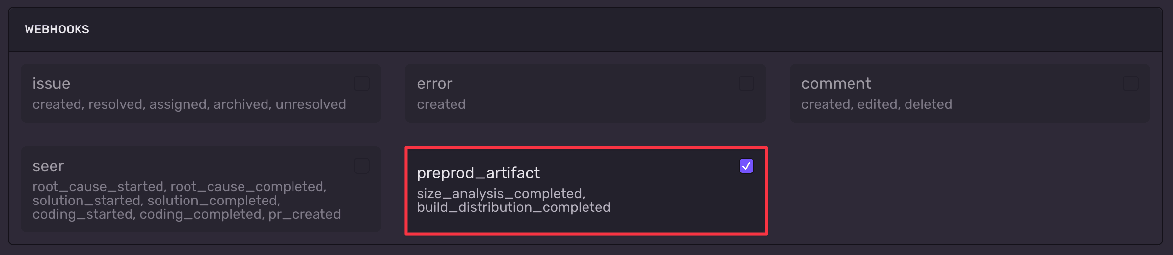 Preprod Artifact Webhook Settings