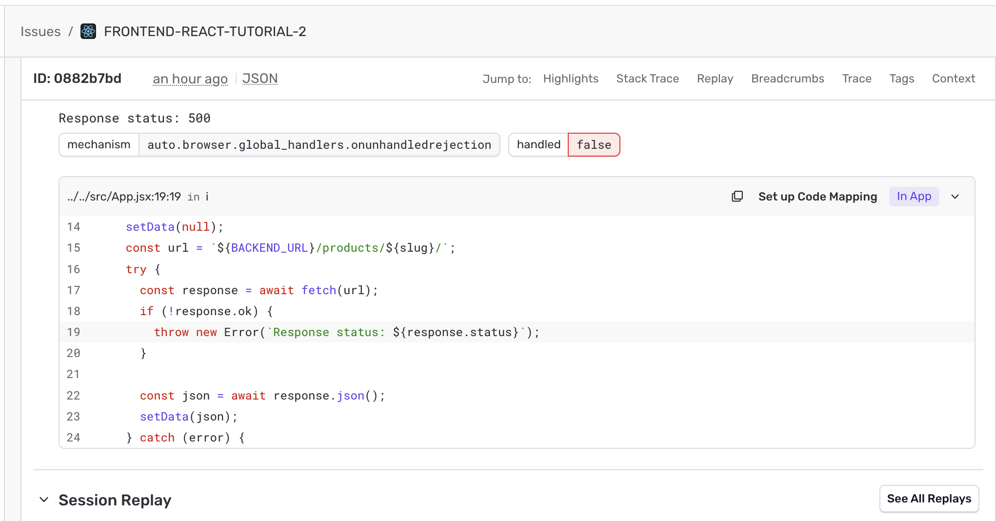 A readable stack trace in Sentry showing the exact file, line number, and source code that threw the error.