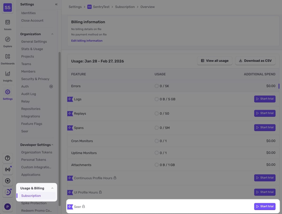 Seer trial in subscription settings