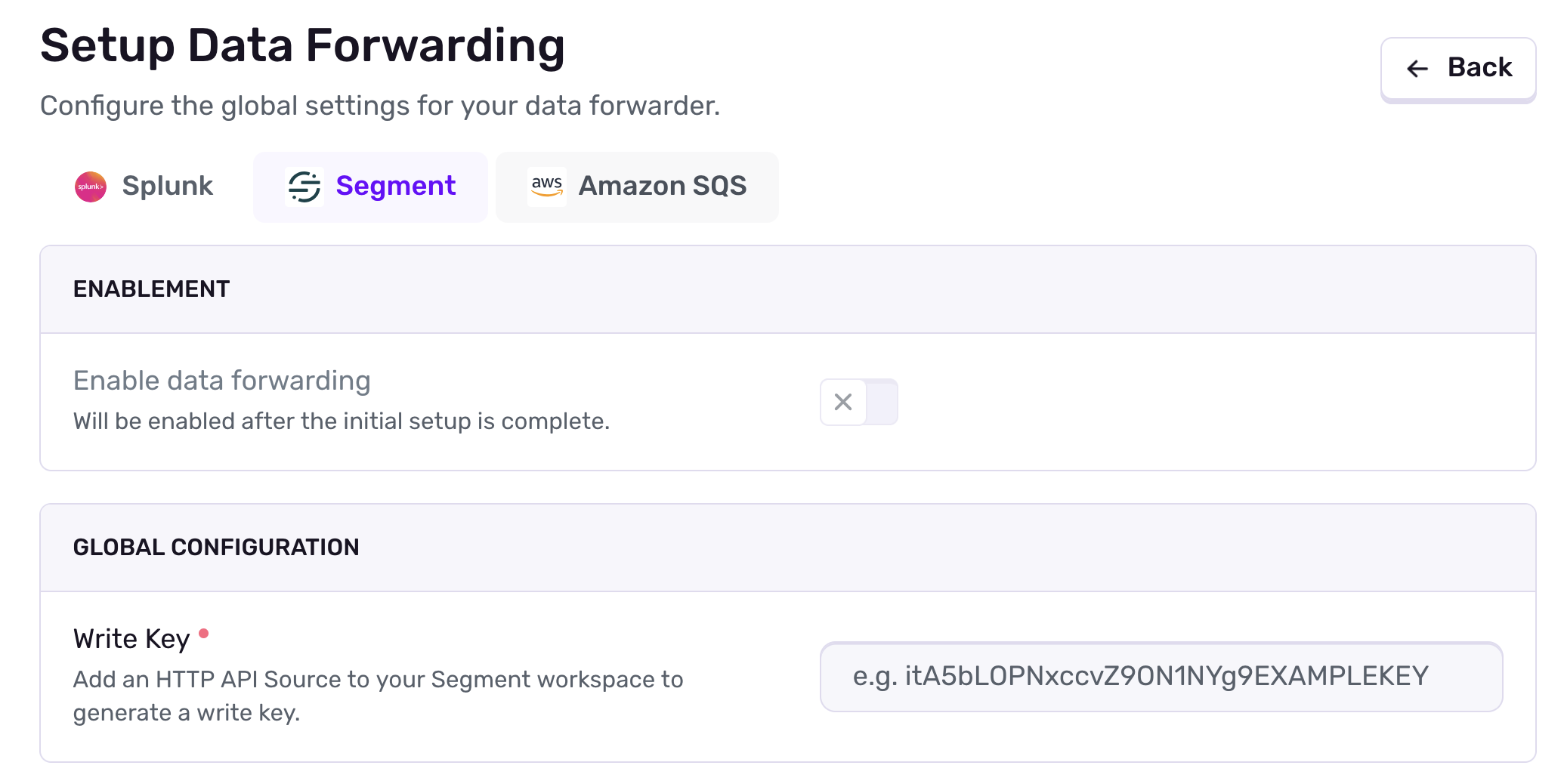 Segment data forwarder configuration form