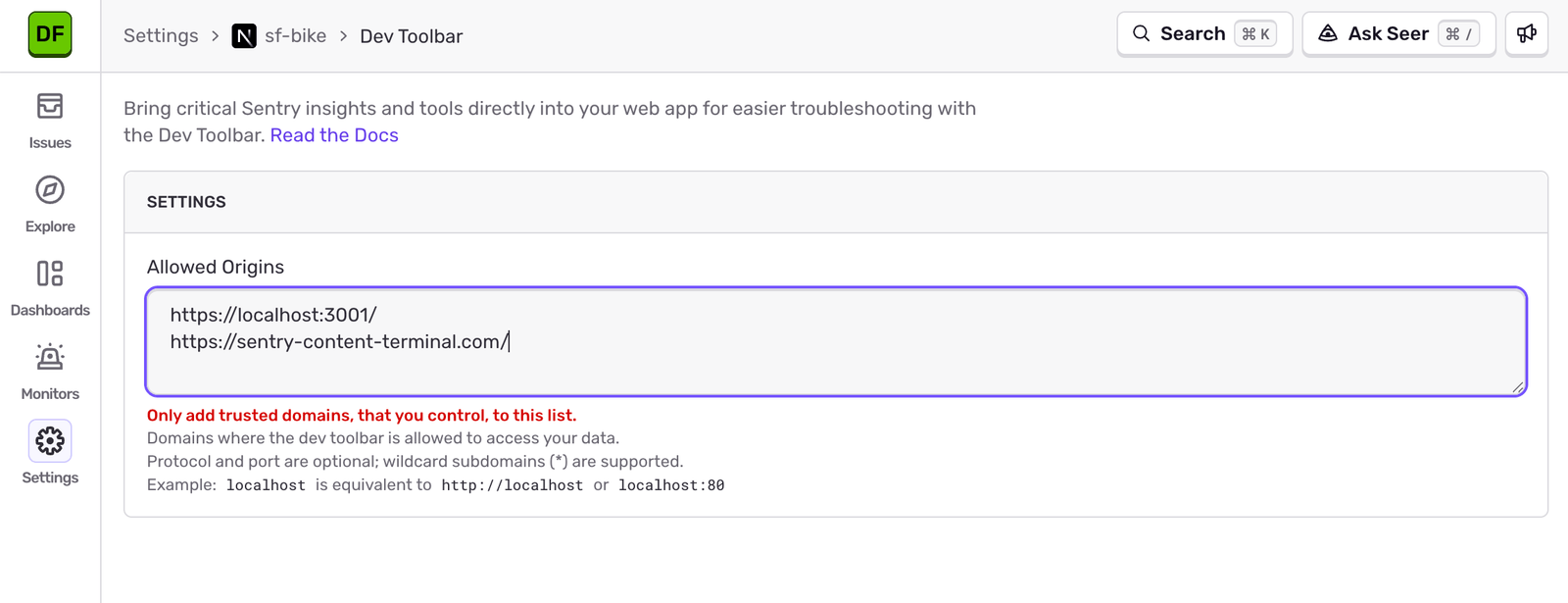 Sentry's Toolbar Settings Page