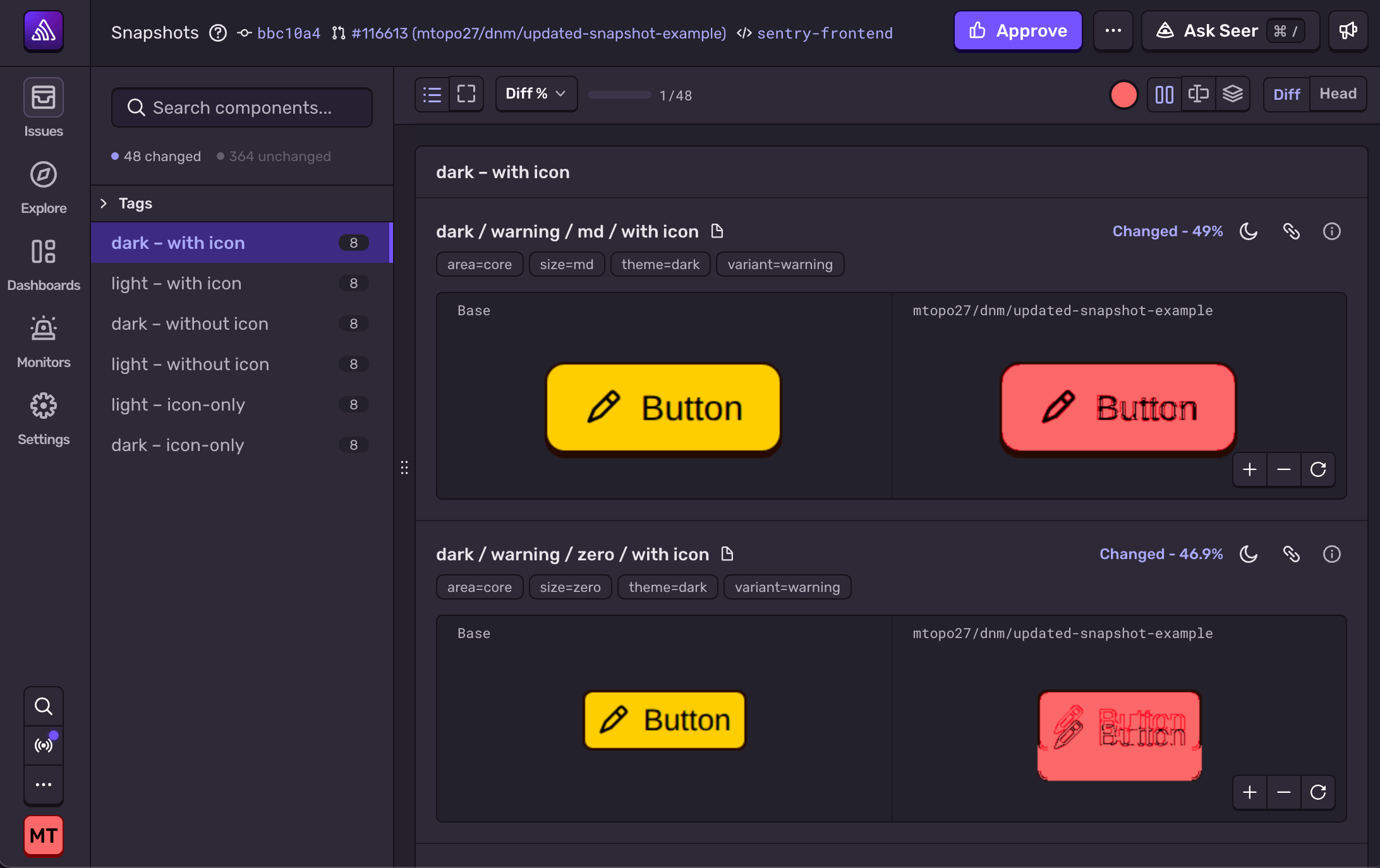 Example of the Sentry UI split diff mode