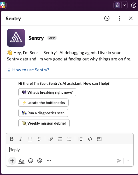 Open Seer Agent conversation panel in Slack with suggested prompts