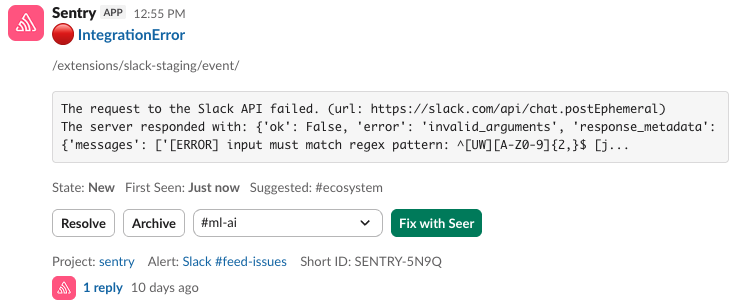 Slack notification of an error alert