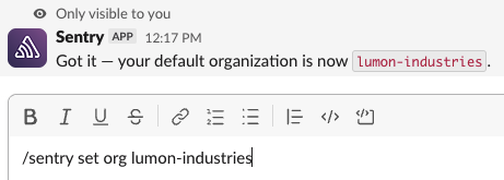 Example set default organization Slack command