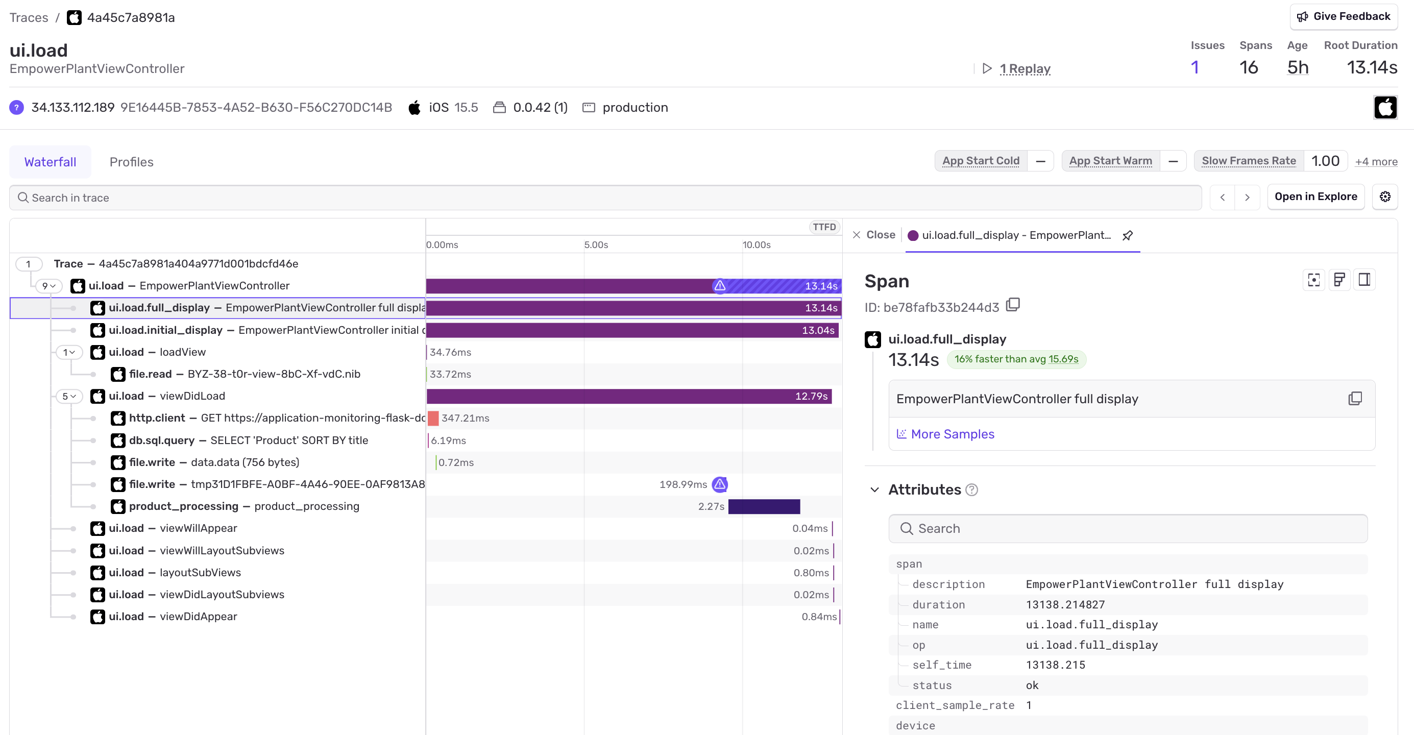 The event detail of a trace with slow and frozen frames measurements.