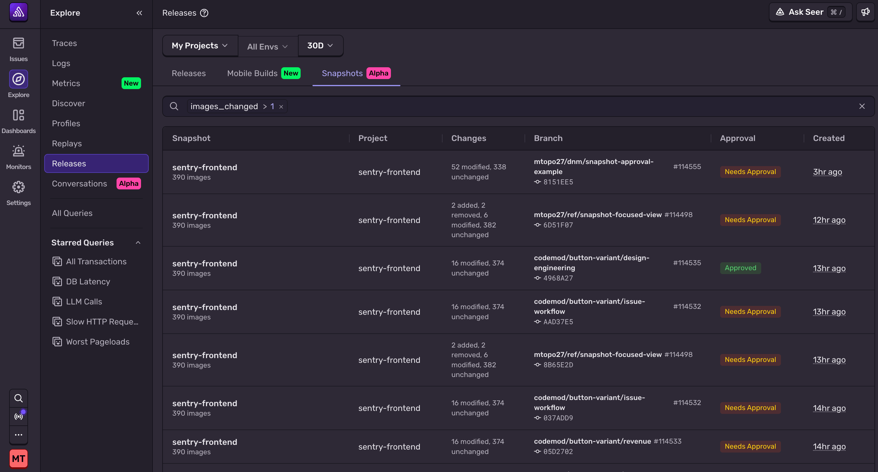 Snapshots on the Sentry Releases page