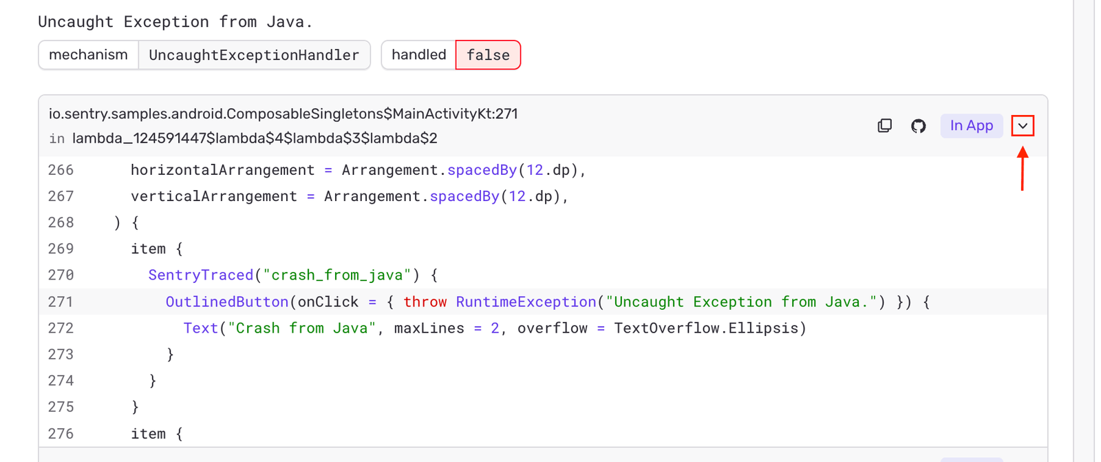 SCM source context shown inline in an issue stack-trace frame, with the chevron to expand the frame highlighted on the right
