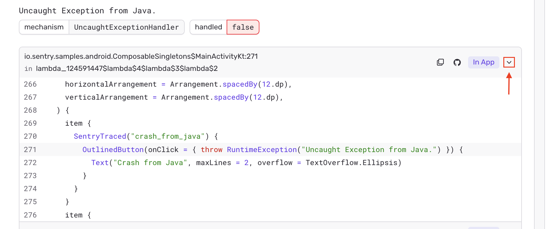 SCM source context shown inline in an issue stack-trace frame, with the chevron to expand the frame highlighted on the right