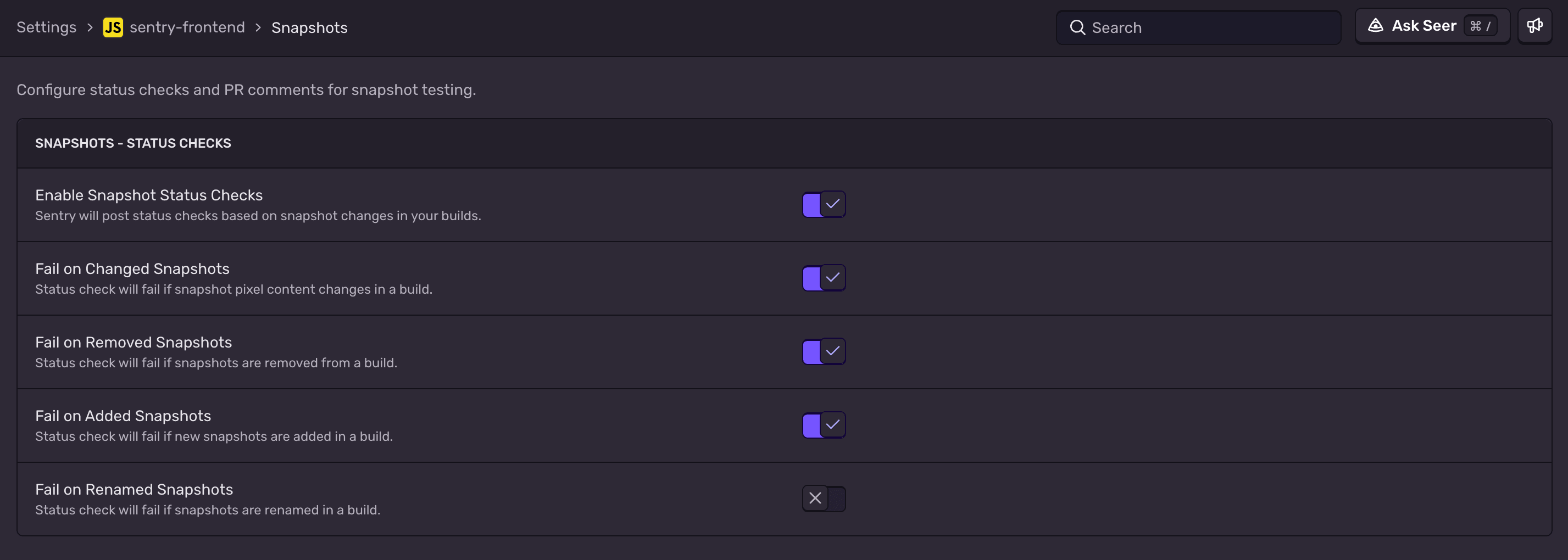Snapshot status check configuration options