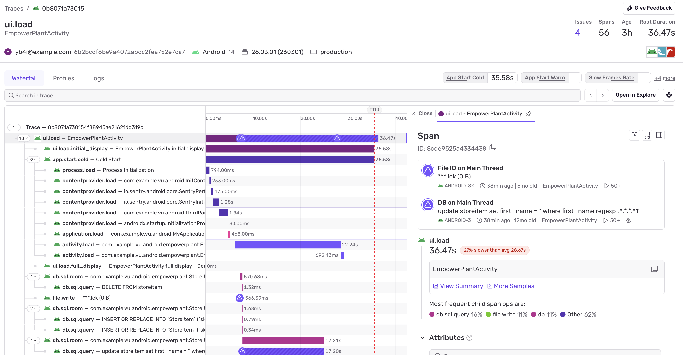 The event detail of a trace with time to initial display and time to full display spans.