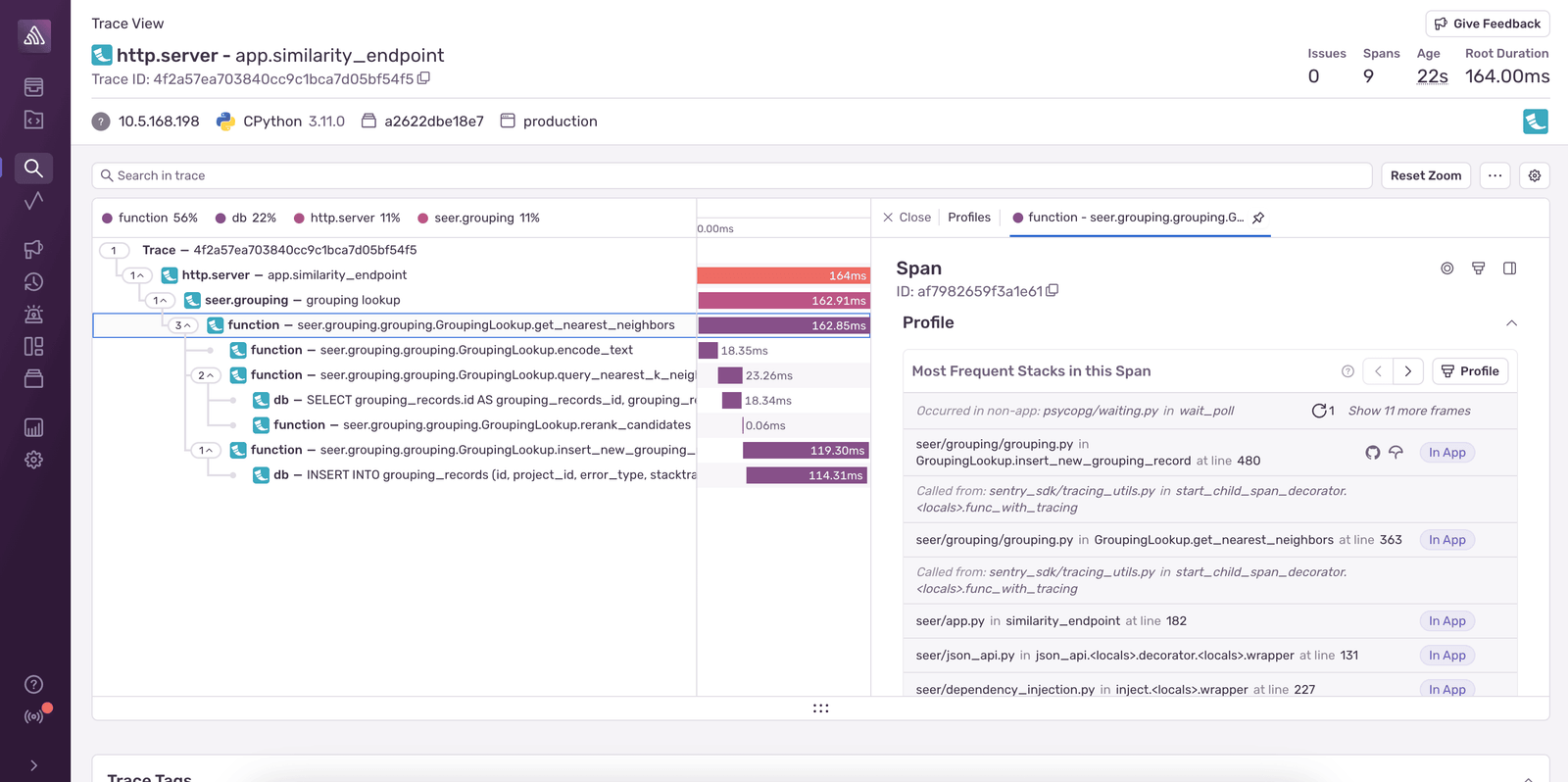 Profiling data for a span in the Trace View